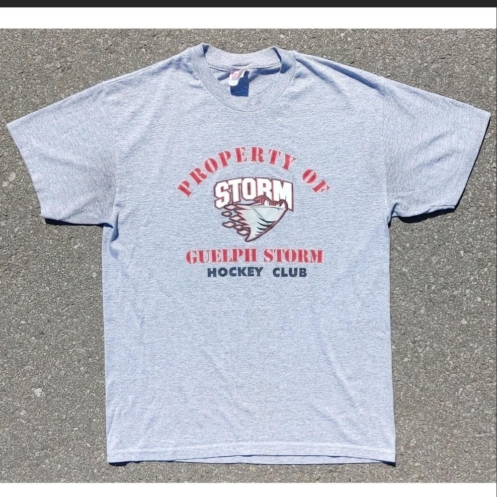 Vtg 90s Guelph Storm OHL Junior Hockey T-Shirt Hanes Heavyweight Grey Medium